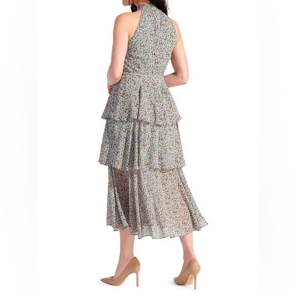 Sam Edelman | Printed Tiered Midi Dress in Dusty Blue - Picture 3 of 9